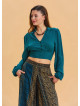 Shirt Collar Button Detailed Petrol Crop Blouse 4432